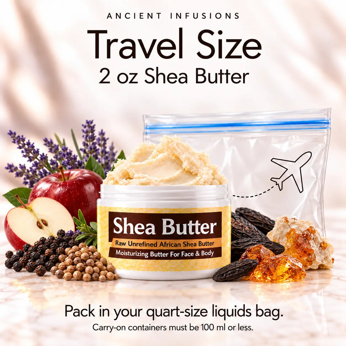Two-ounce Ferragamo Black inspired shea butter with quart-size liquids bag and carry-on packing guidance.