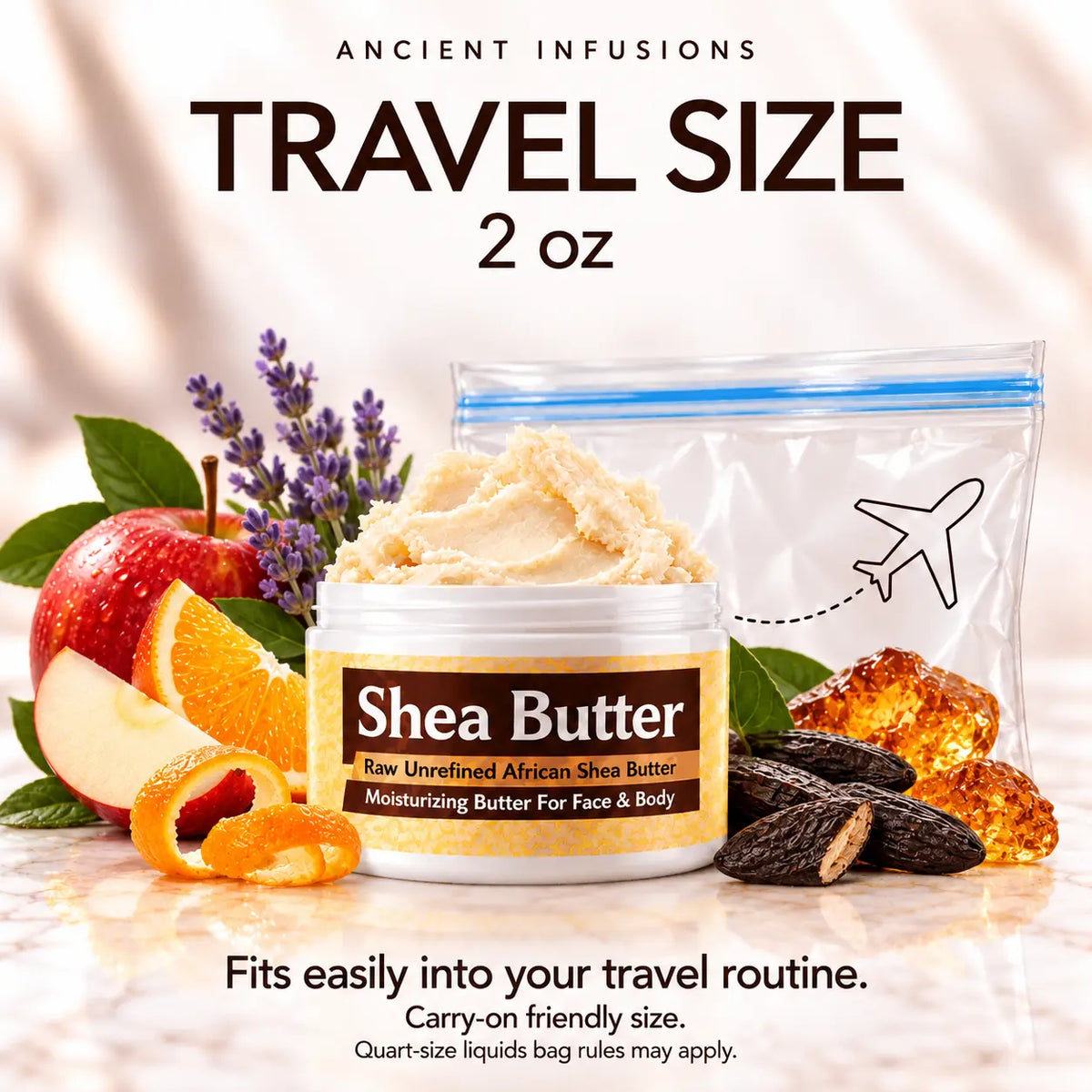 First Instinct Blue shea butter 2 oz travel size with carry-on friendly packaging guidance.