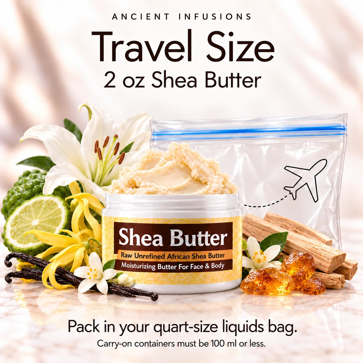 Two-ounce Gucci Bamboo inspired shea butter with quart-size liquids bag and carry-on packing guidance.