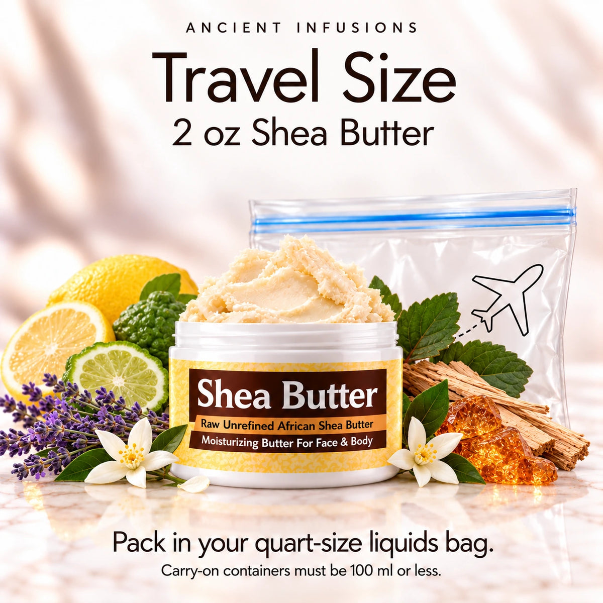 Two-ounce Gucci Guilty Platinum inspired shea butter with quart-size liquids bag and carry-on packing guidance.