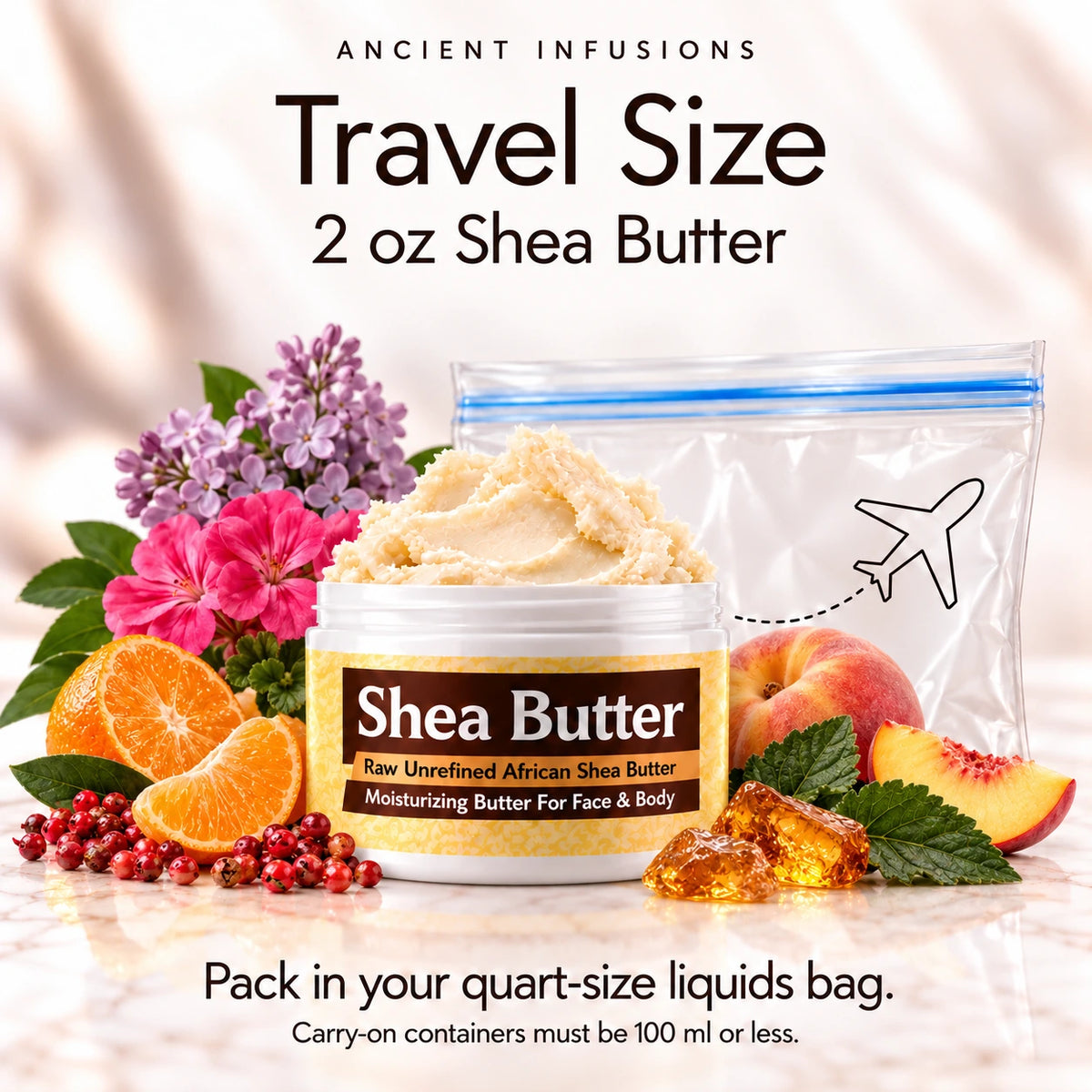 Two-ounce Gucci Guilty inspired shea butter with quart-size liquids bag and carry-on packing guidance.