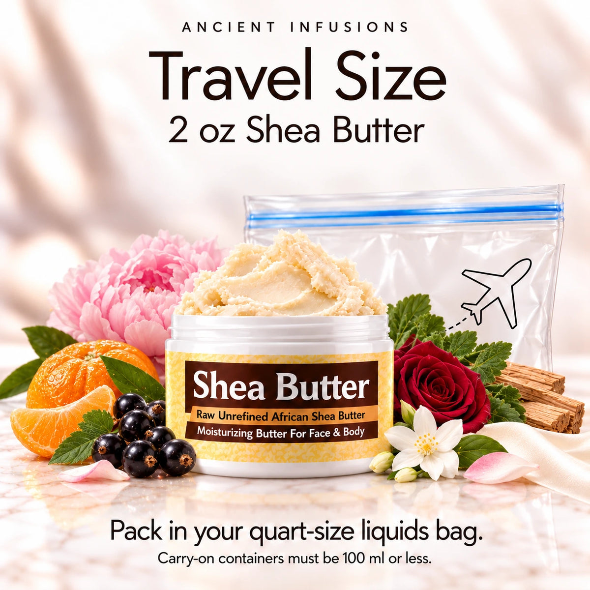 Two-ounce Gucci No 2 inspired shea butter with quart-size liquids bag and carry-on packing guidance.