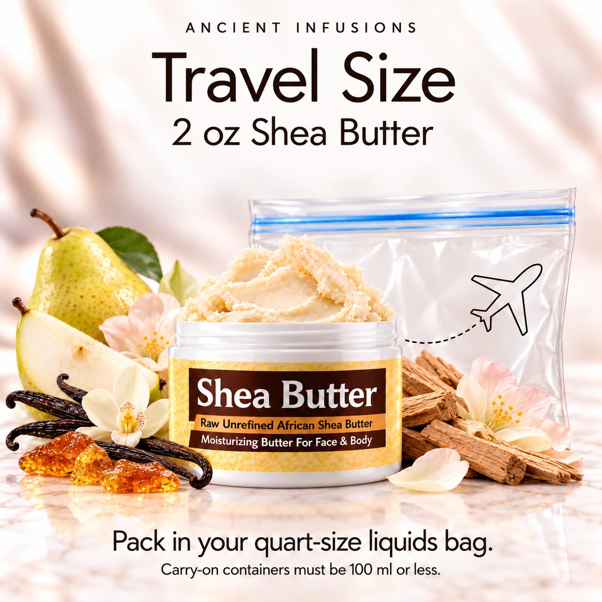 Two-ounce Hug My Neck shea butter with quart-size liquids bag and carry-on packing guidance.