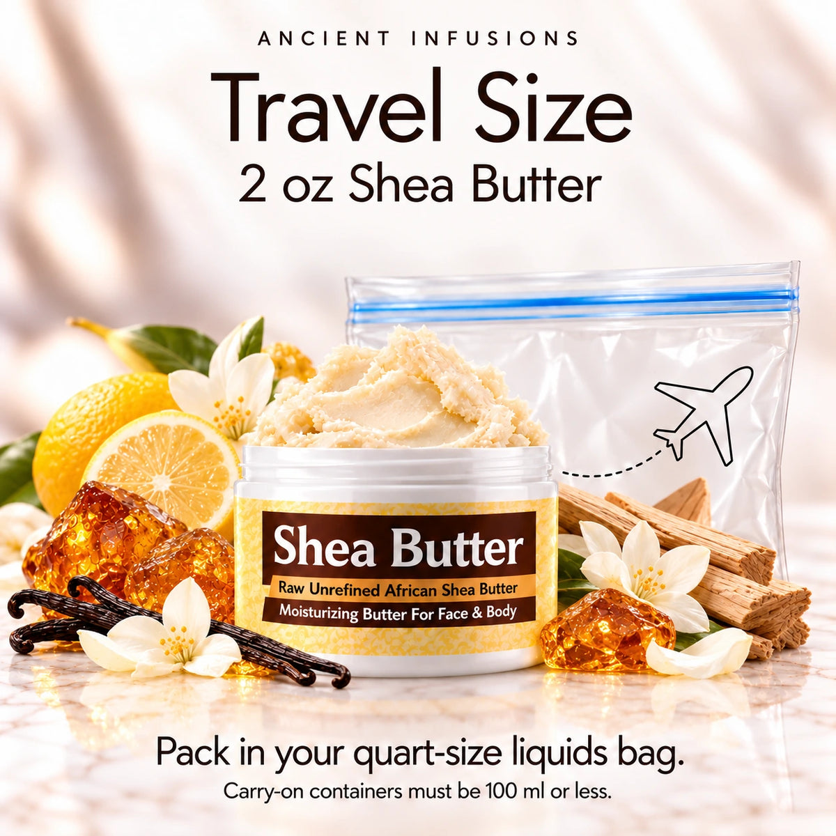 Two-ounce Imported Amber White shea butter with quart-size liquids bag and carry-on packing guidance.