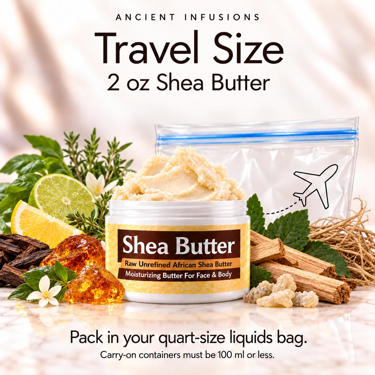 Two-ounce Imported Attar 96 Majmua shea butter with quart-size liquids bag and carry-on packing guidance.