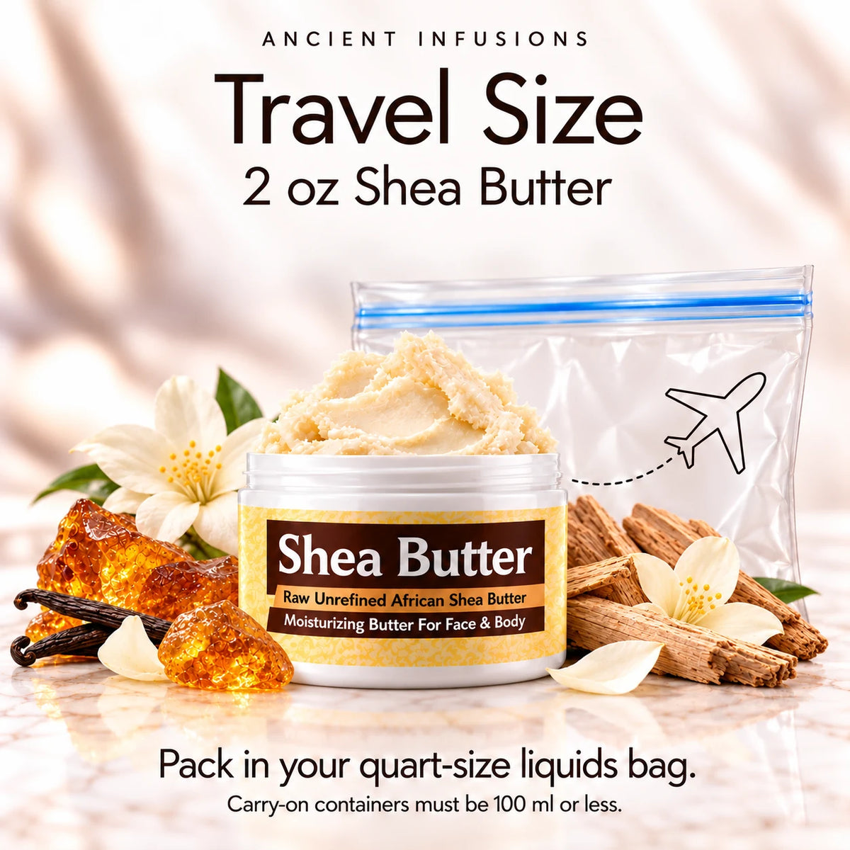 Two-ounce Imported Golden Sand shea butter with quart-size liquids bag and carry-on packing guidance.