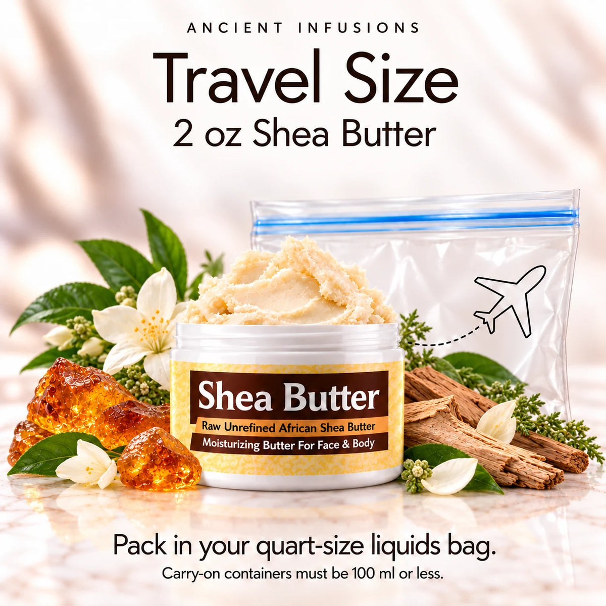 Two-ounce Imported Green Musk shea butter with quart-size liquids bag and carry-on packing guidance.