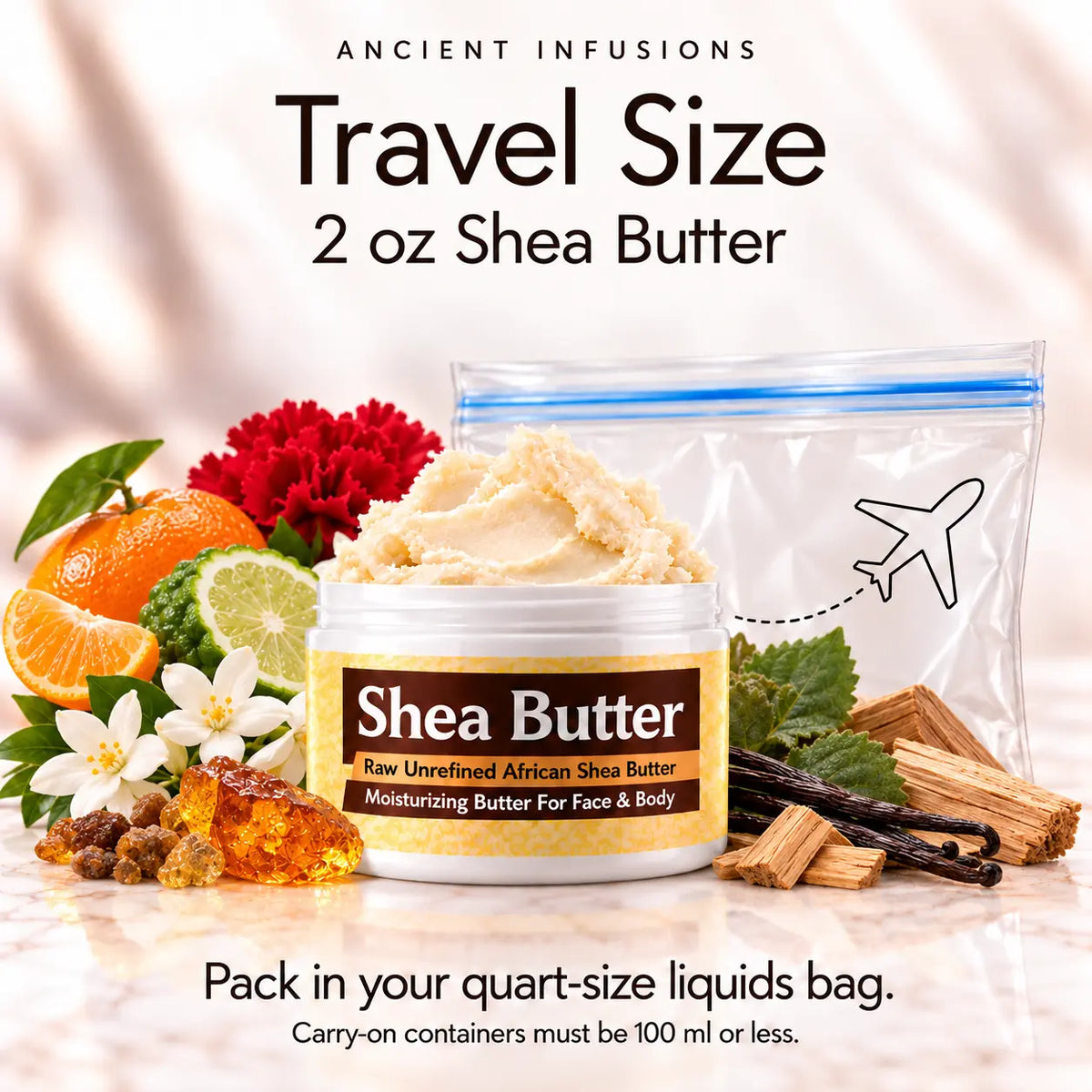 Two-ounce Imported Opium shea butter with quart-size liquids bag and carry-on packing guidance.