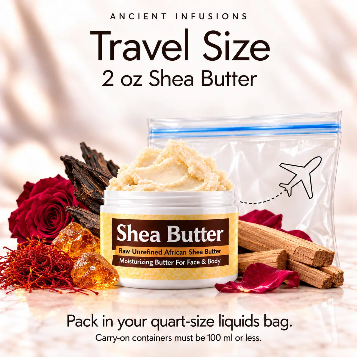 Two-ounce Imported Oud Al Mas shea butter with quart-size liquids bag and carry-on packing guidance.