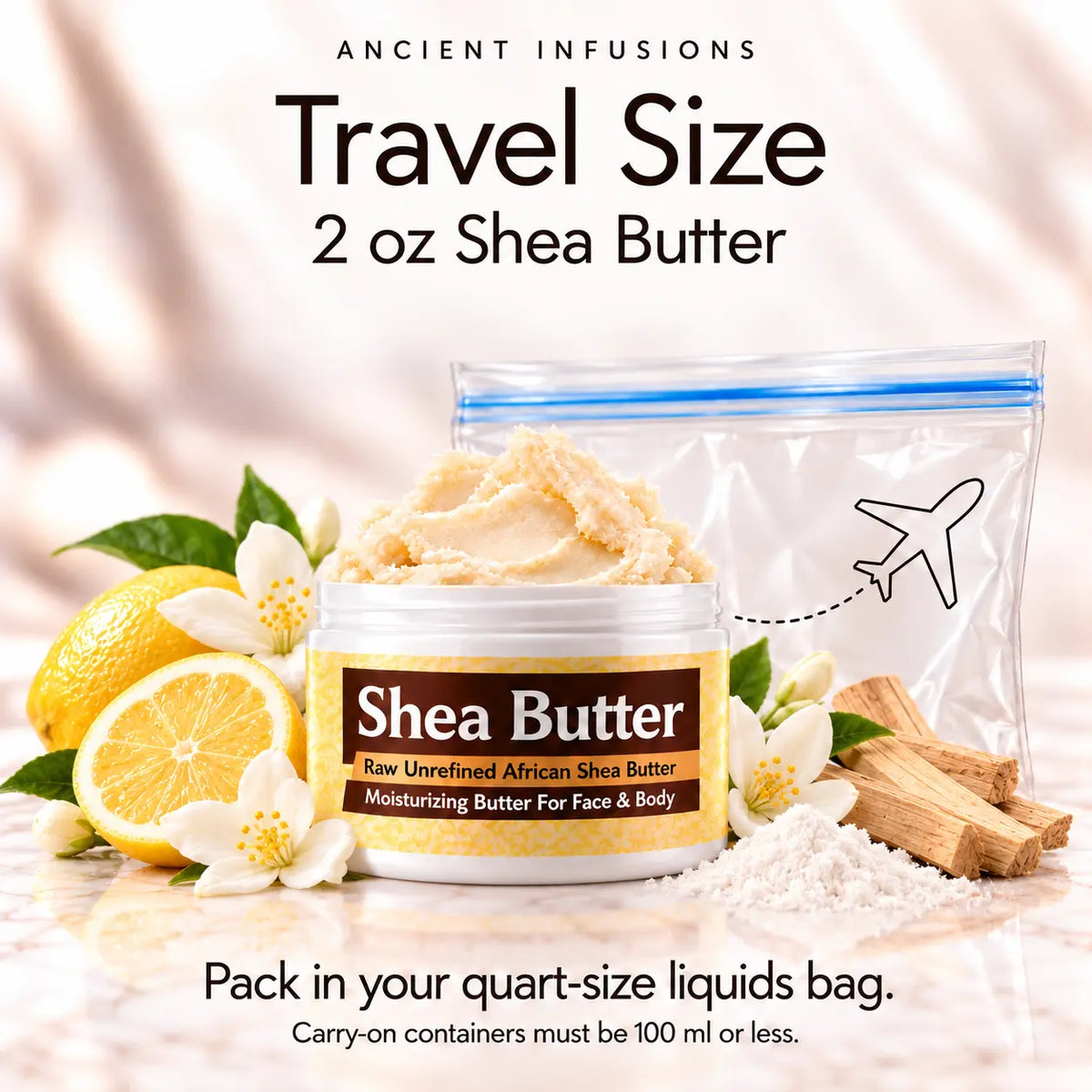 Two-ounce Imported Tahara Musk shea butter with quart-size liquids bag and carry-on packing guidance.