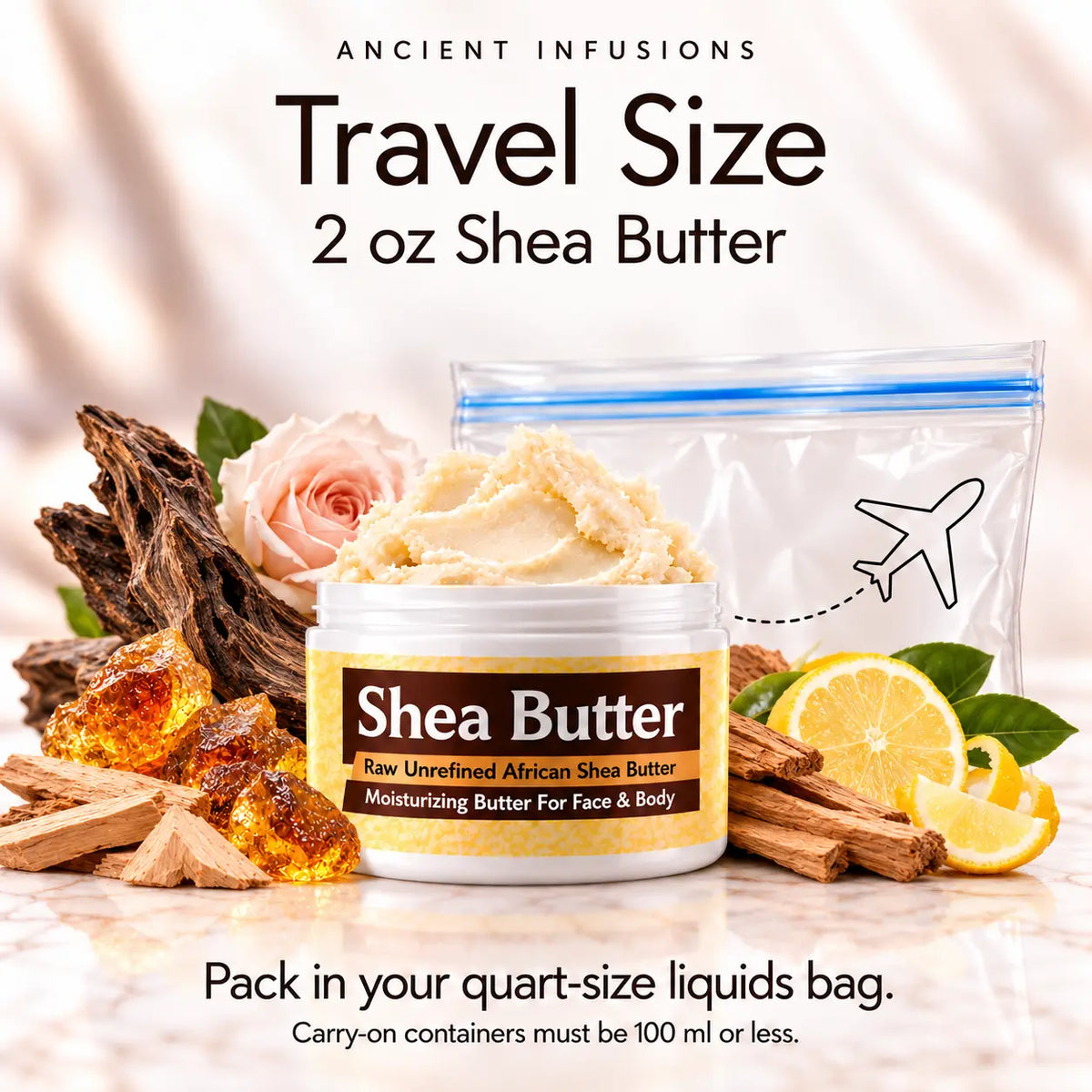 Two-ounce Imported White Oud shea butter with quart-size liquids bag and carry-on packing guidance.