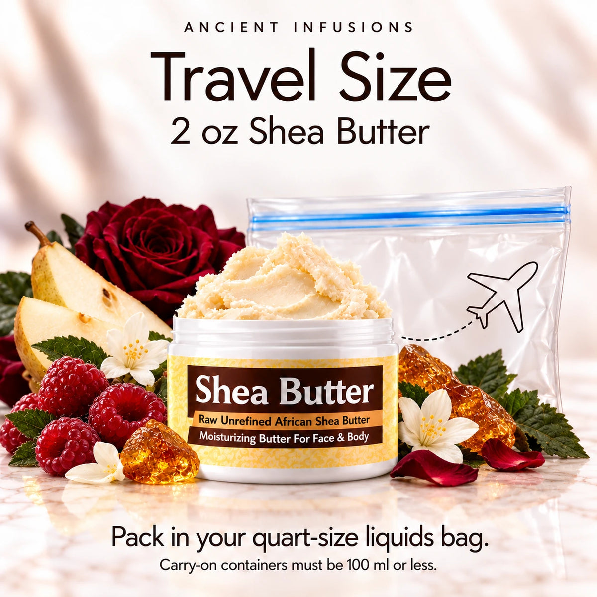 Two-ounce Into the Night shea butter with quart-size liquids bag and carry-on packing guidance.