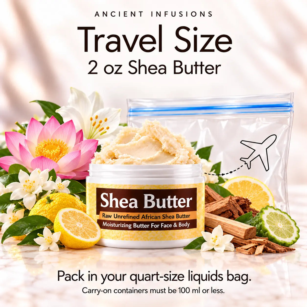 Two-ounce Issey Miyake inspired shea butter with quart-size liquids bag and carry-on packing guidance.