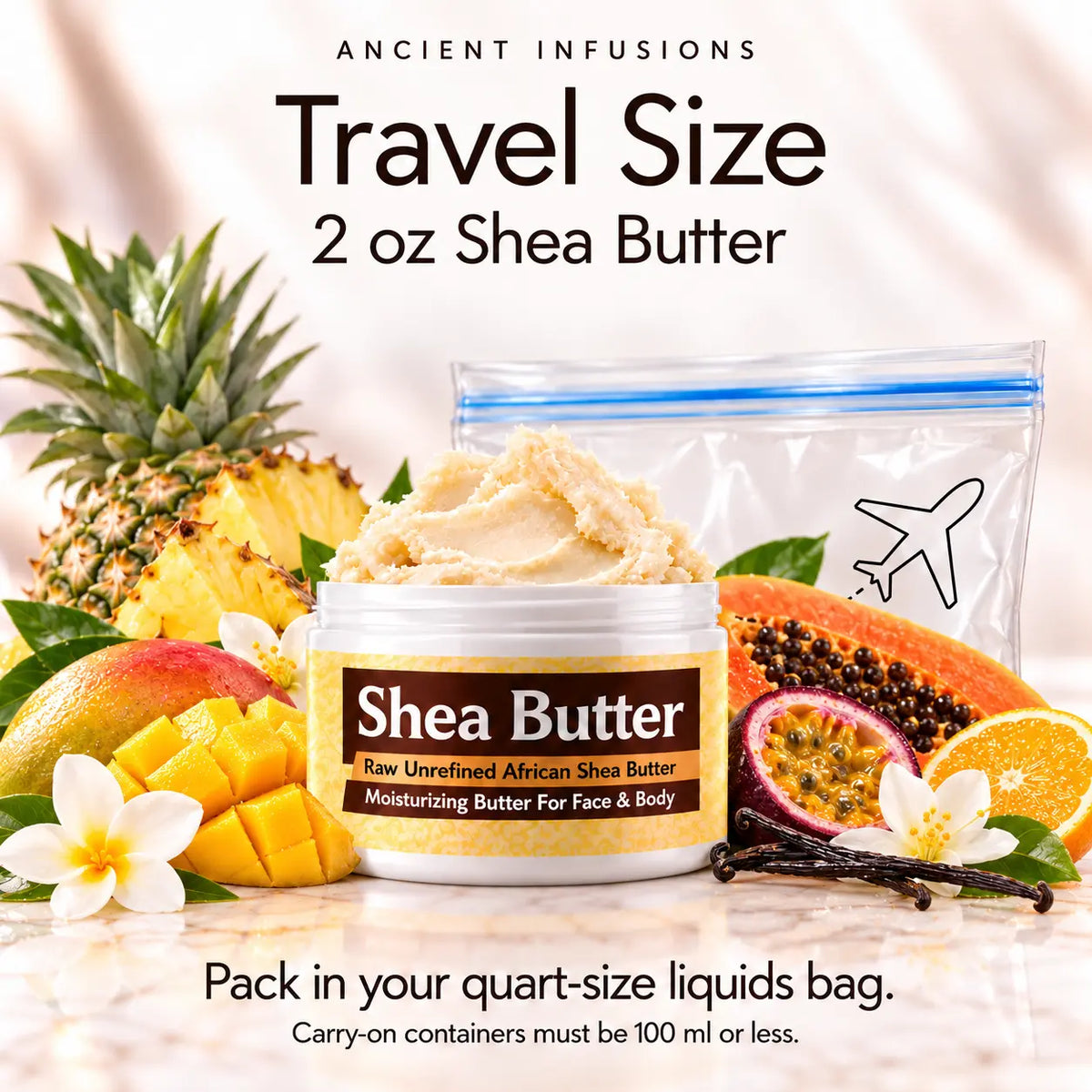 Two-ounce Jamaican Fruit shea butter with quart-size liquids bag and carry-on packing guidance.