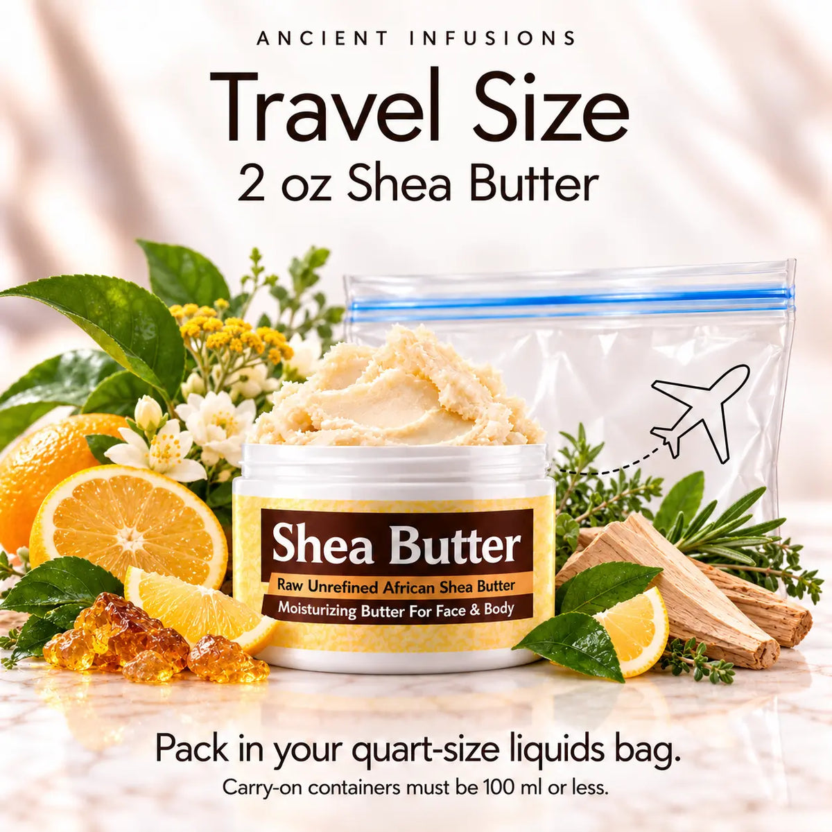 Two-ounce Jannatul Firdaus shea butter with quart-size liquids bag and carry-on packing guidance.