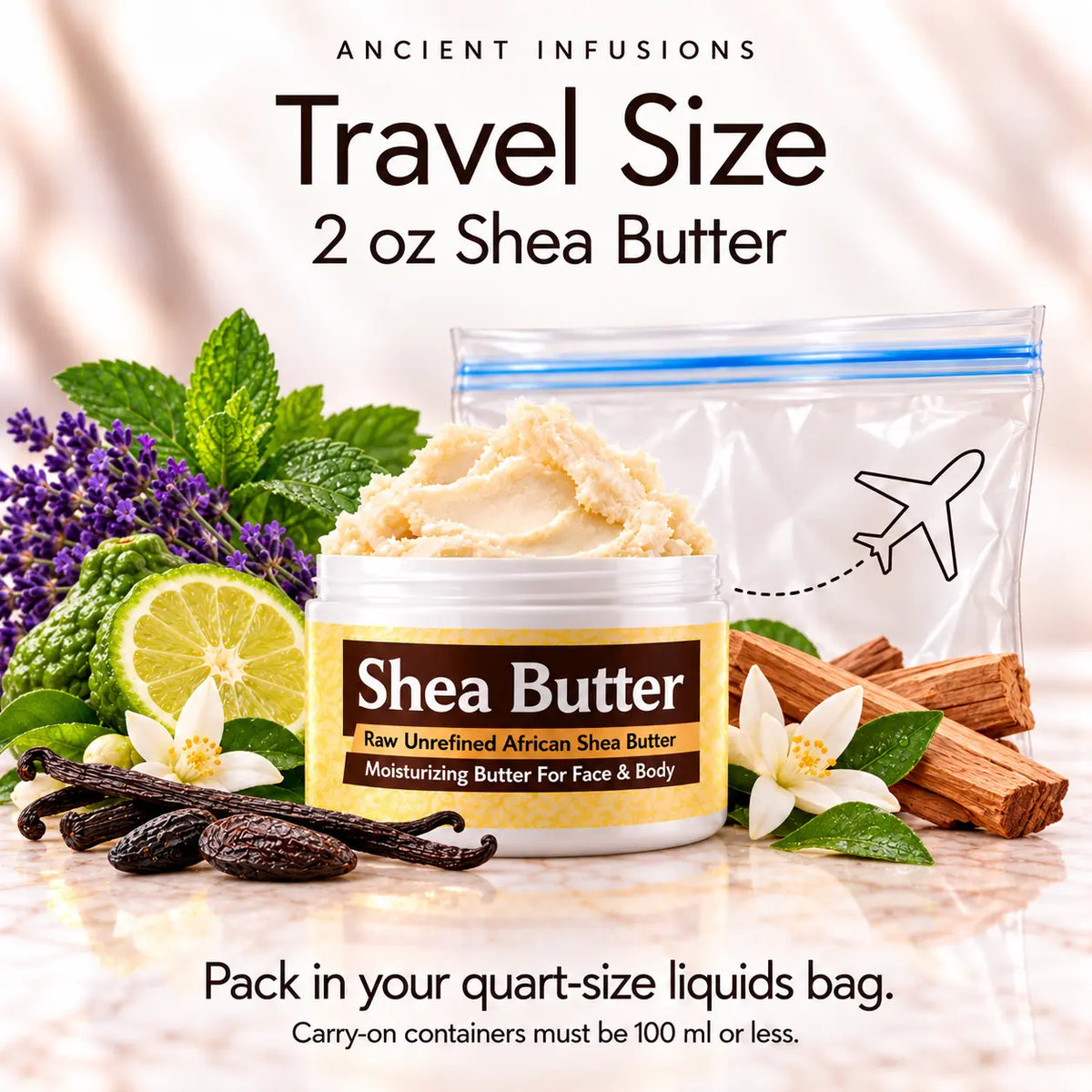 Two-ounce Le Male inspired shea butter with quart-size liquids bag and carry-on packing guidance.