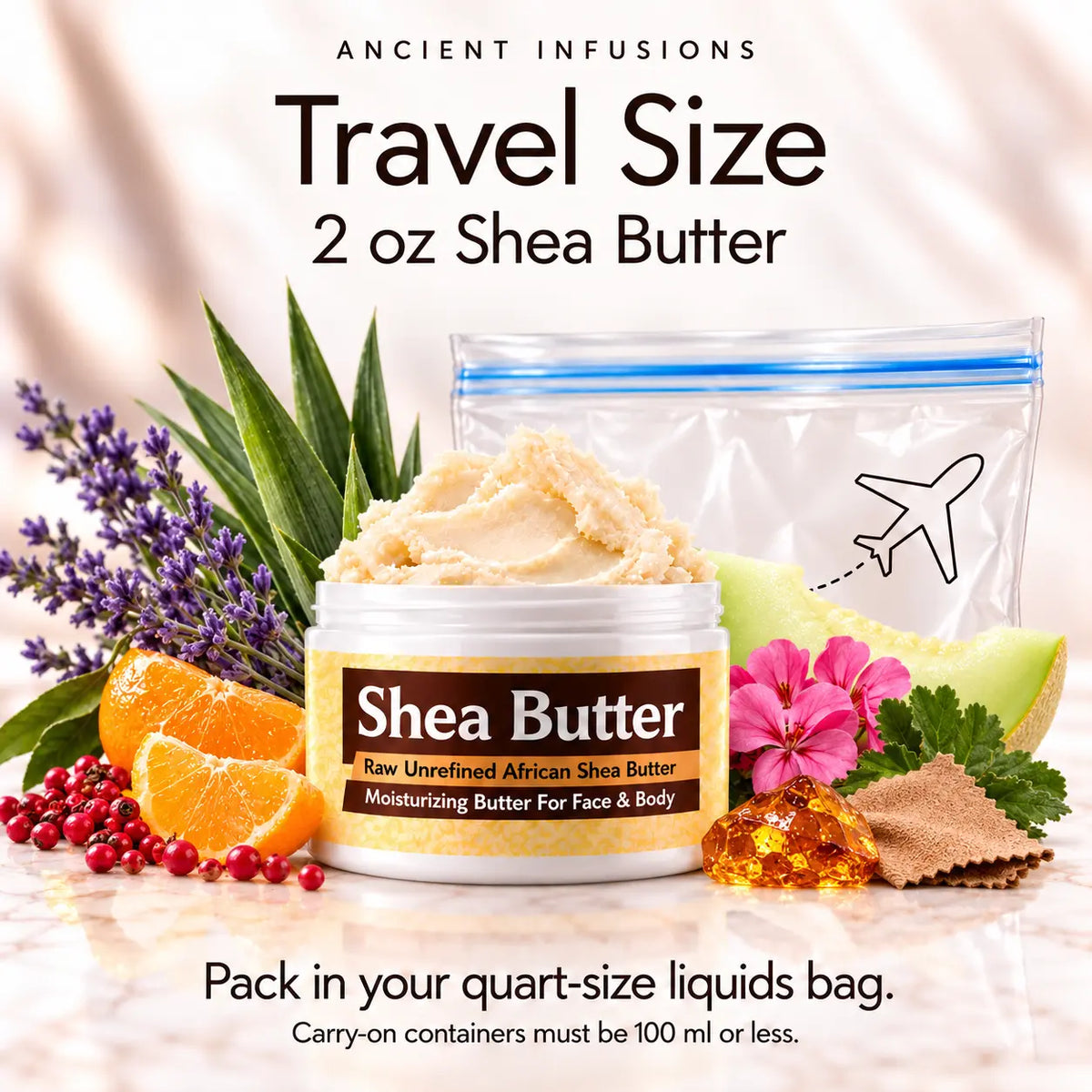 Two-ounce Jimmy Choo Man inspired shea butter with quart-size liquids bag and carry-on packing guidance.