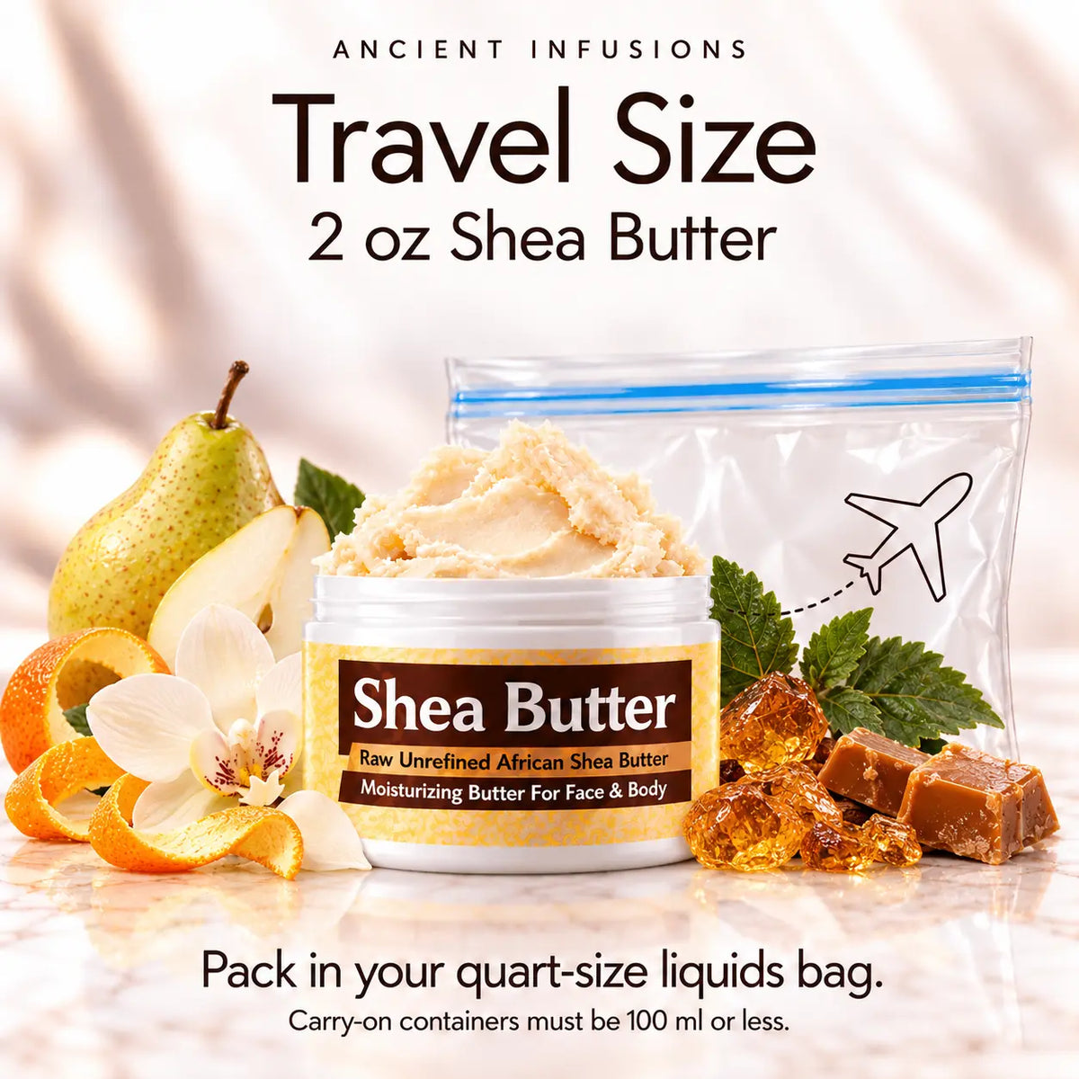 Two-ounce Jimmy Choo Woman inspired shea butter with quart-size liquids bag and carry-on packing guidance.