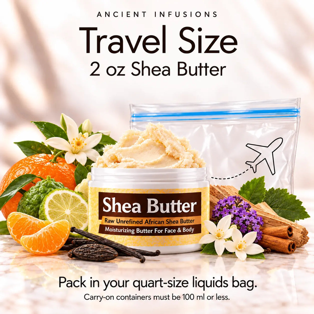 Two-ounce Joop inspired shea butter with quart-size liquids bag and carry-on packing guidance.