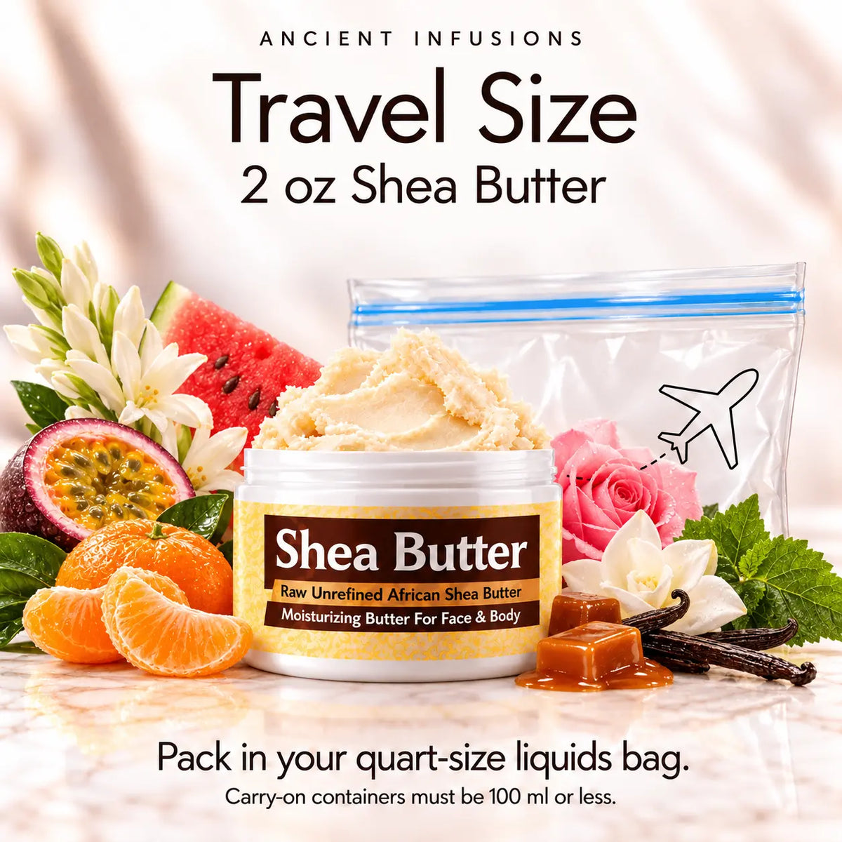 Two-ounce Juicy Couture inspired shea butter with quart-size liquids bag and carry-on packing guidance.