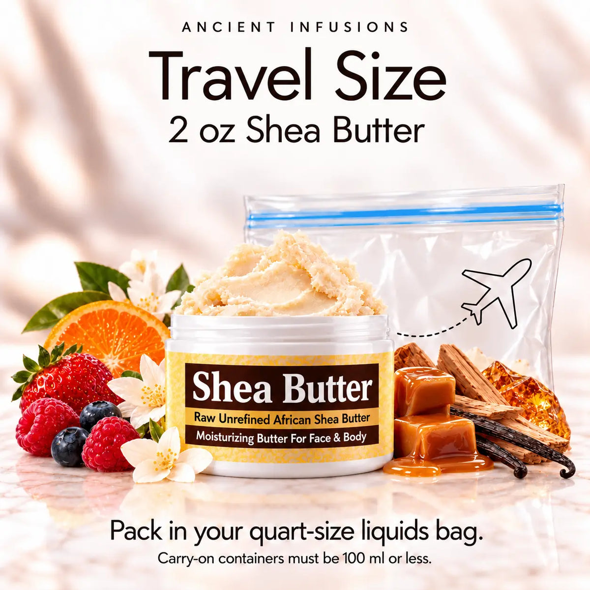 Two-ounce Juicy Couture Viva La Juicy inspired shea butter with quart-size liquids bag and carry-on packing guidance.