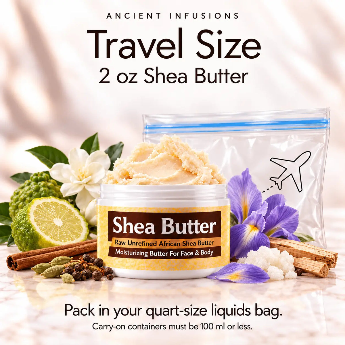 Two-ounce Lanvin Oxygen inspired shea butter with quart-size liquids bag and carry-on packing guidance.