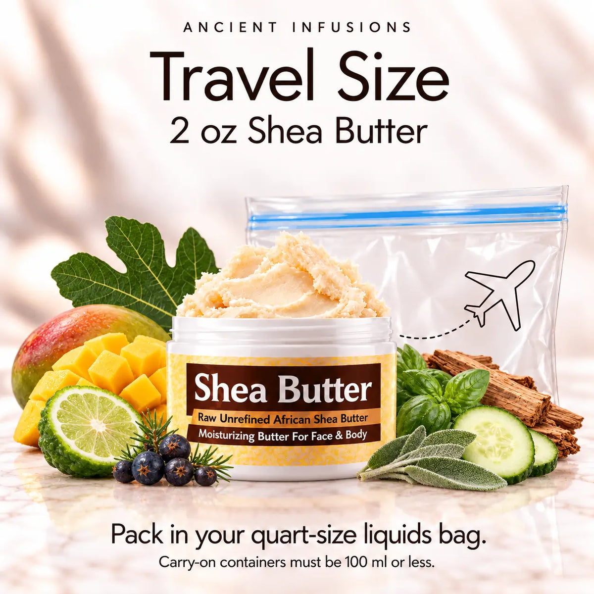 Two-ounce Paris Hilton for Men-inspired shea butter with quart-size liquids bag and carry-on packing guidance.