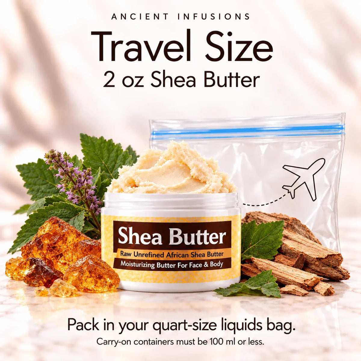 Two-ounce Patchouli shea butter with quart-size liquids bag and carry-on packing guidance.