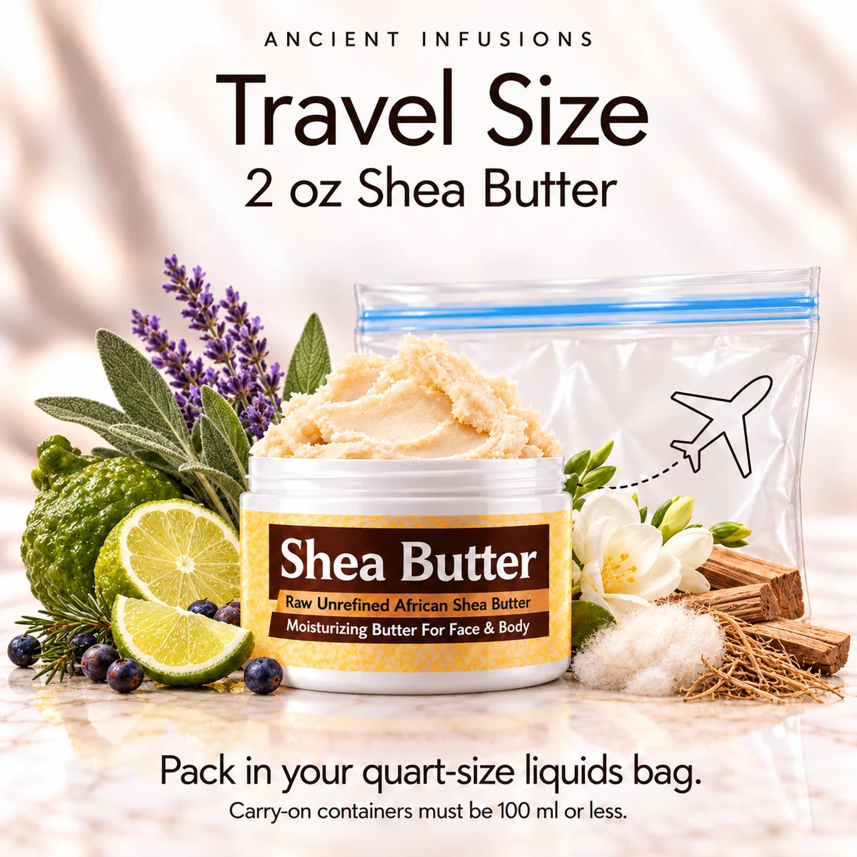 Two-ounce Perry Ellis 360-inspired shea butter with quart-size liquids bag and carry-on packing guidance.