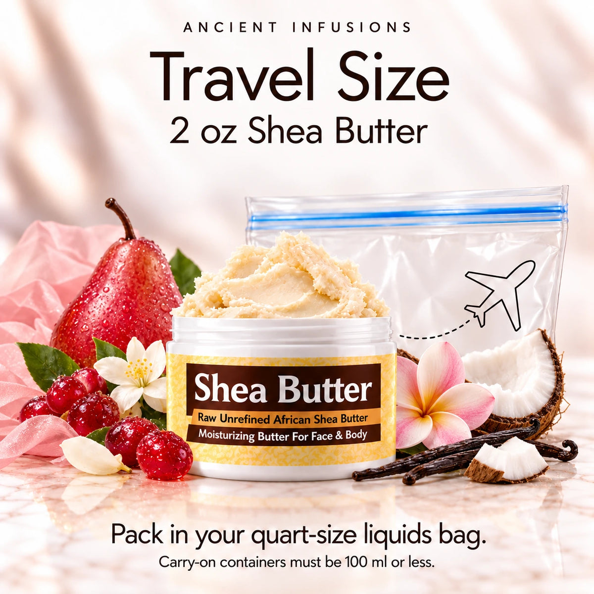 Two-ounce Pink Chiffon shea butter with quart-size liquids bag and carry-on packing guidance.
