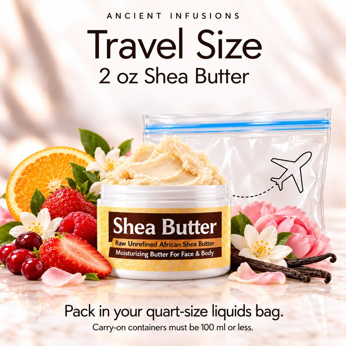 Two-ounce Pink Pu**y shea butter with quart-size liquids bag and carry-on packing guidance.