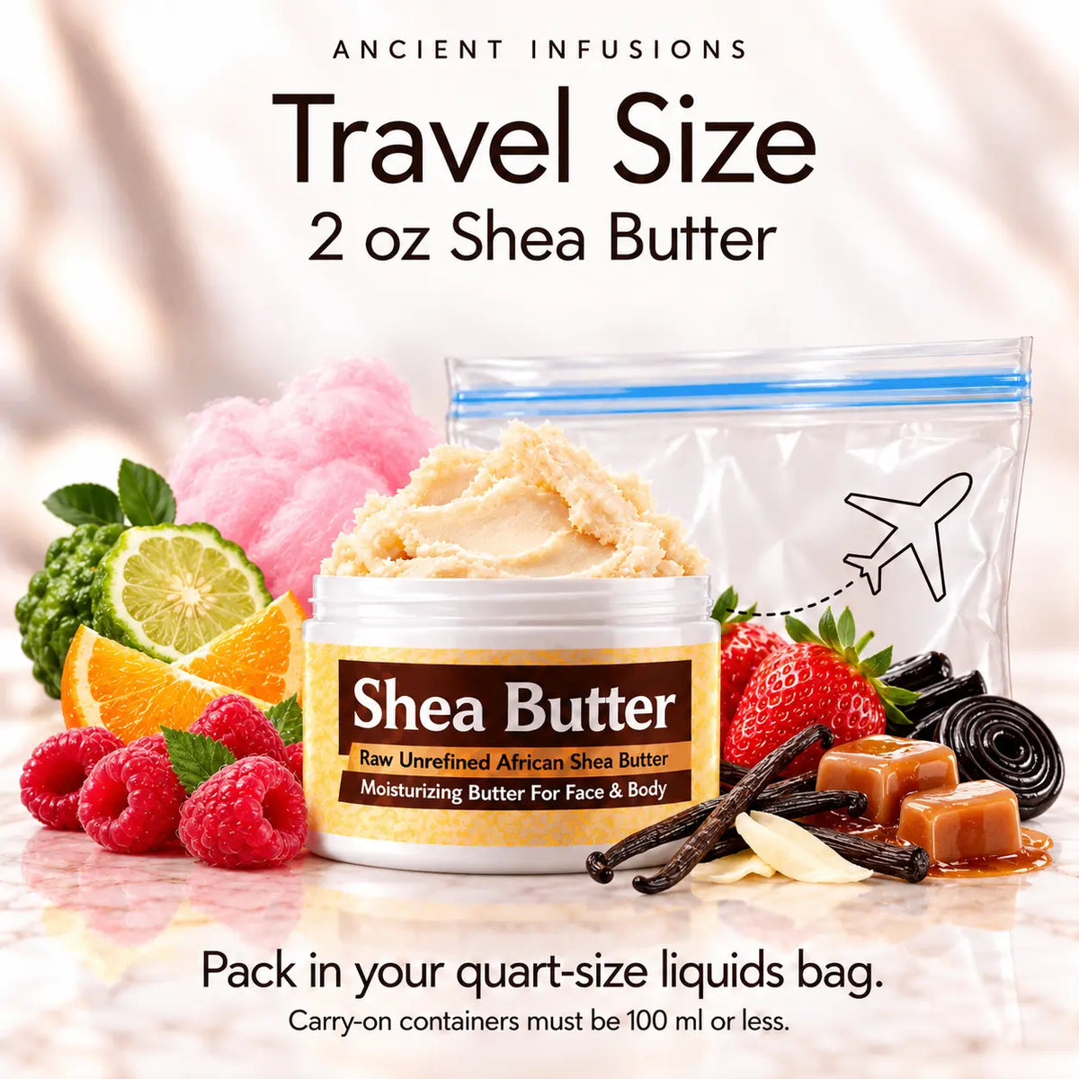 Two-ounce Pink Sugar-inspired shea butter with quart-size liquids bag and carry-on packing guidance.