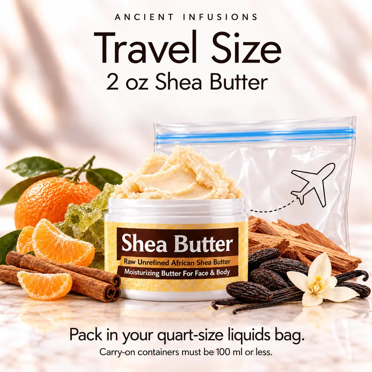 Two-ounce Playboy London-inspired shea butter with quart-size liquids bag and carry-on packing guidance.