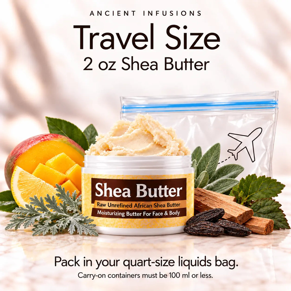 Two-ounce Polo Black-inspired shea butter with quart-size liquids bag and carry-on packing guidance.