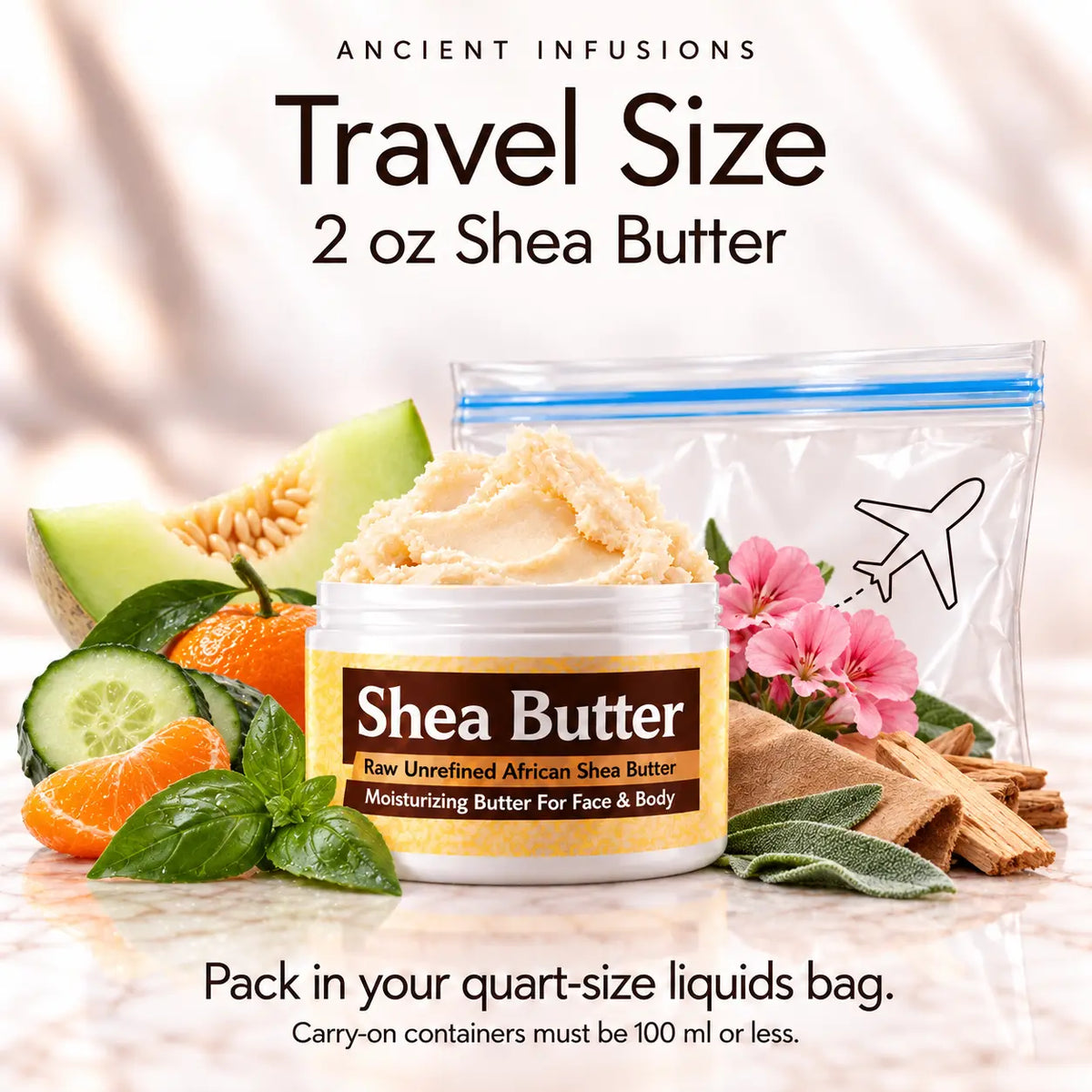 Two-ounce Polo Blue-inspired shea butter with quart-size liquids bag and carry-on packing guidance.