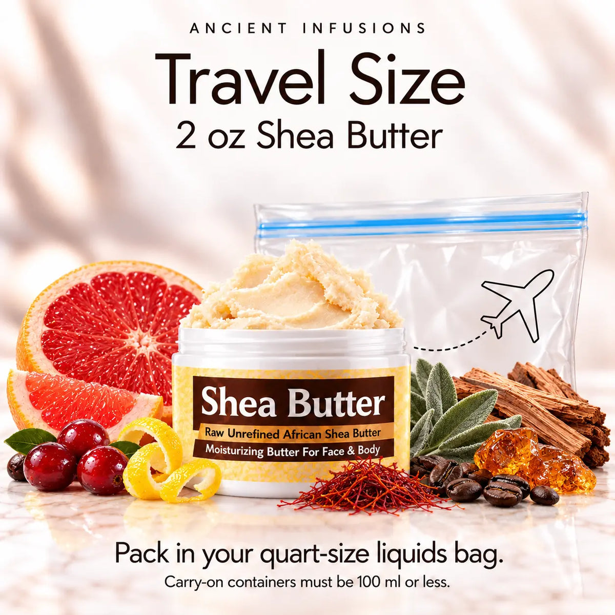 Two-ounce Polo Red-inspired shea butter with quart-size liquids bag and carry-on packing guidance.
