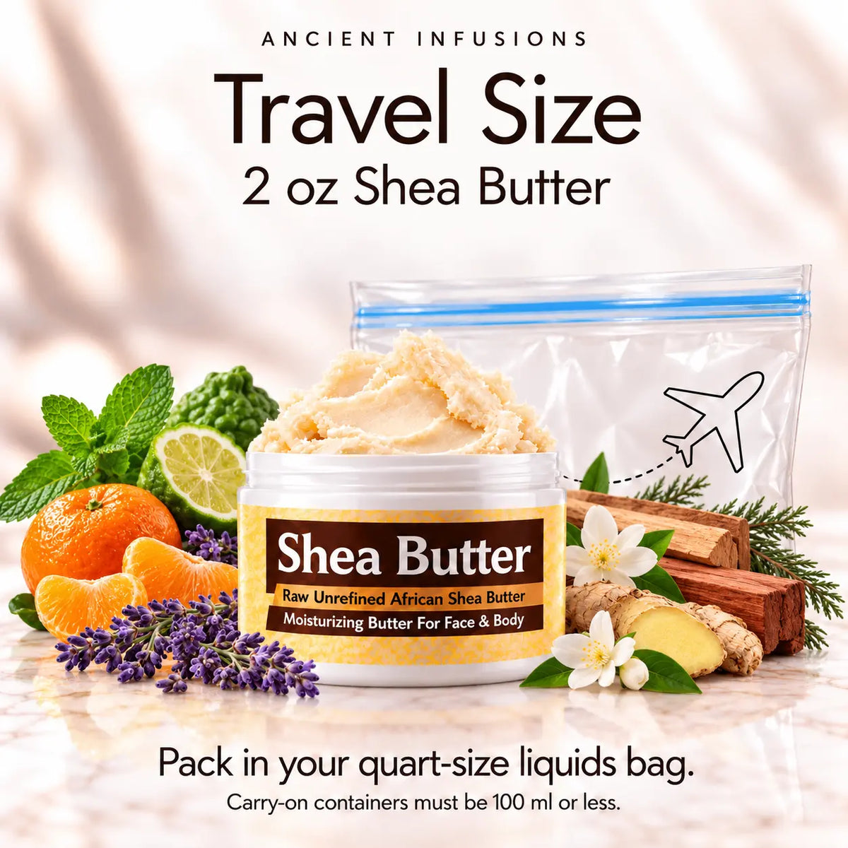 Two-ounce Polo Sport-inspired shea butter with quart-size liquids bag and carry-on packing guidance.