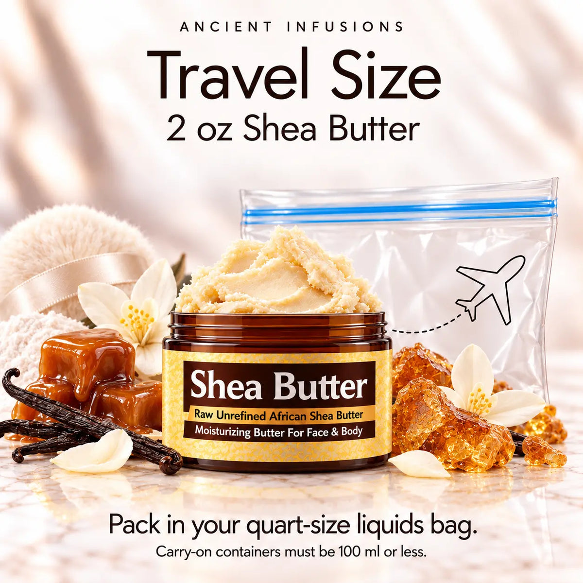 Two-ounce Prada Candy-inspired shea butter with quart-size liquids bag and carry-on packing guidance.