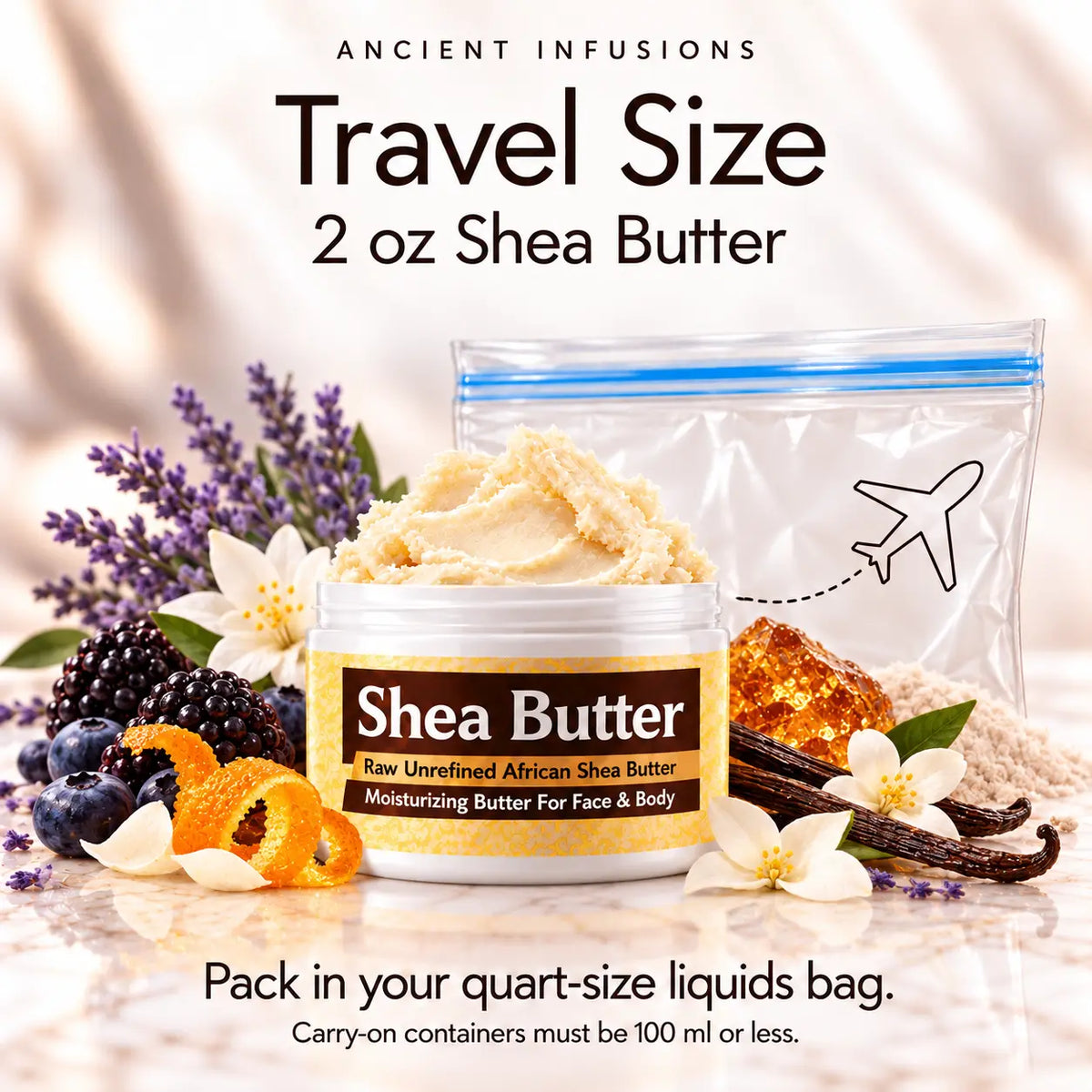 Two-ounce Purple Haze shea butter with quart-size liquids bag and carry-on packing guidance.