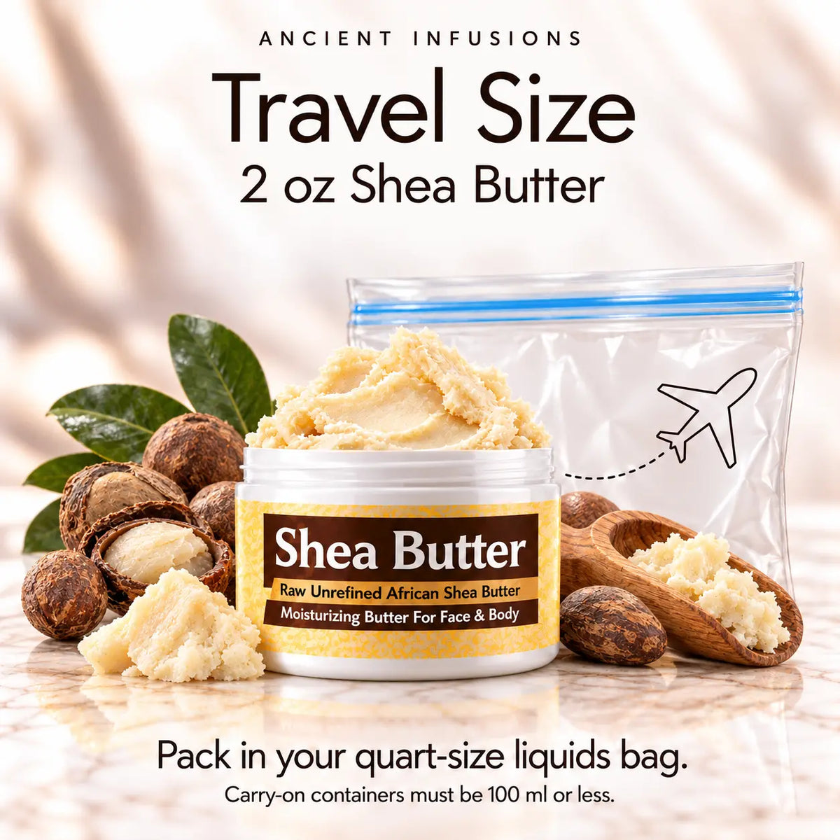 Two-ounce Raw African unscented shea butter with quart-size liquids bag and carry-on packing guidance.