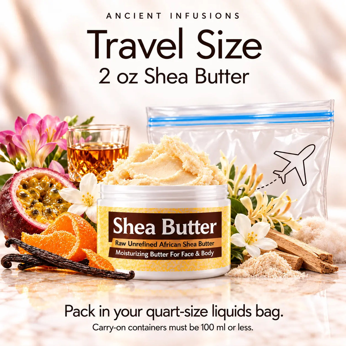 Two-ounce Rihanna RiRi-inspired shea butter with quart-size liquids bag and carry-on packing guidance.