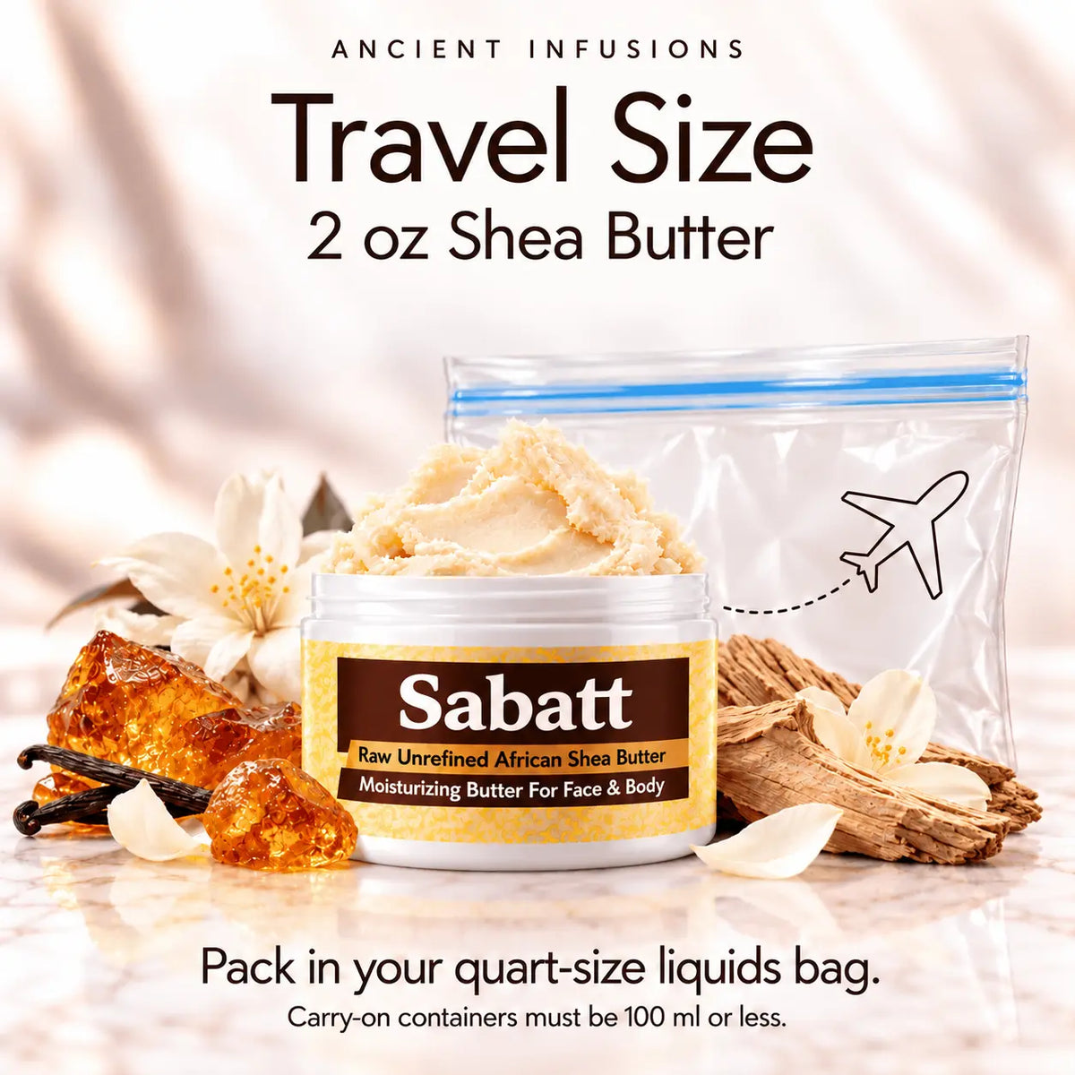Two-ounce Sabatt shea butter with quart-size liquids bag and carry-on packing guidance.
