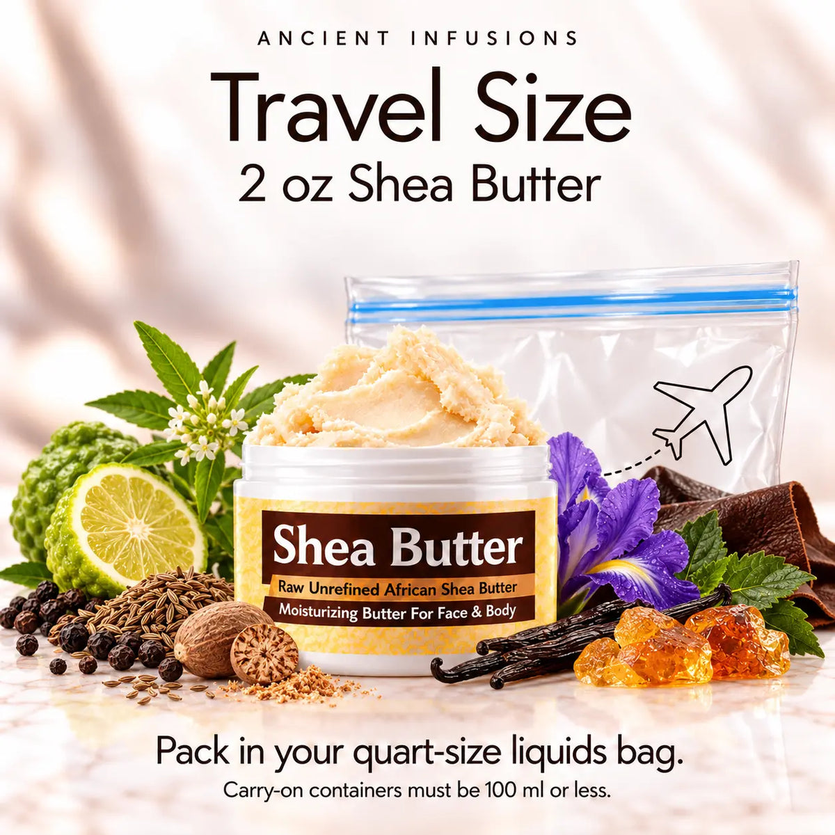 Two-ounce Tom Ford Noir shea butter with quart-size liquids bag and carry-on packing guidance.
