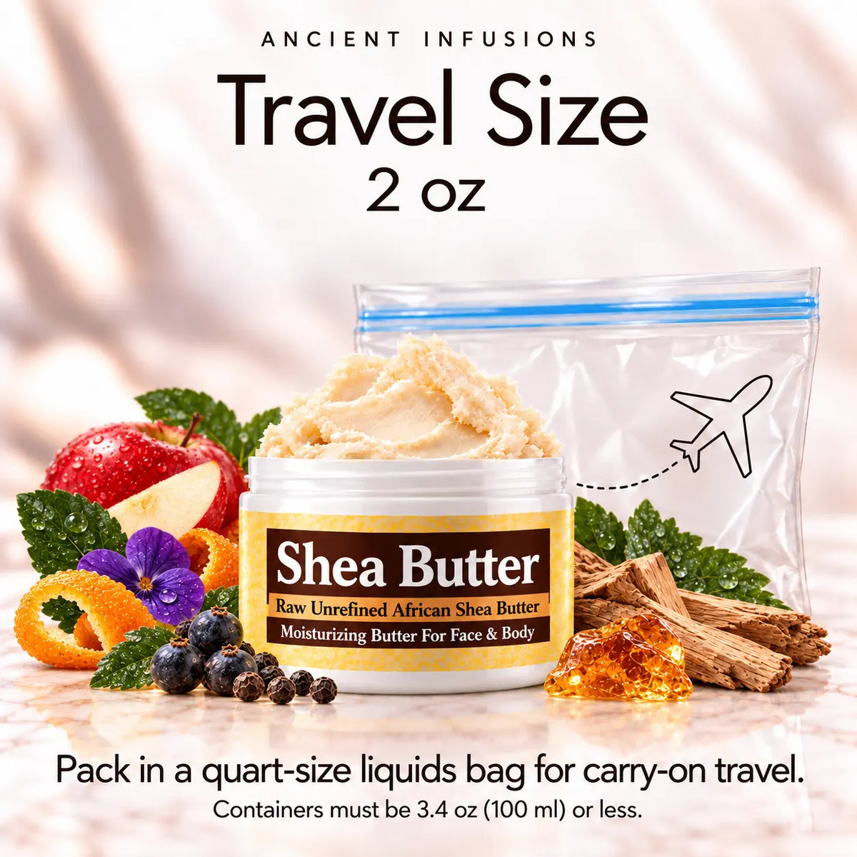 Two-ounce True Religion Man shea butter with quart-size liquids bag and carry-on packing guidance.