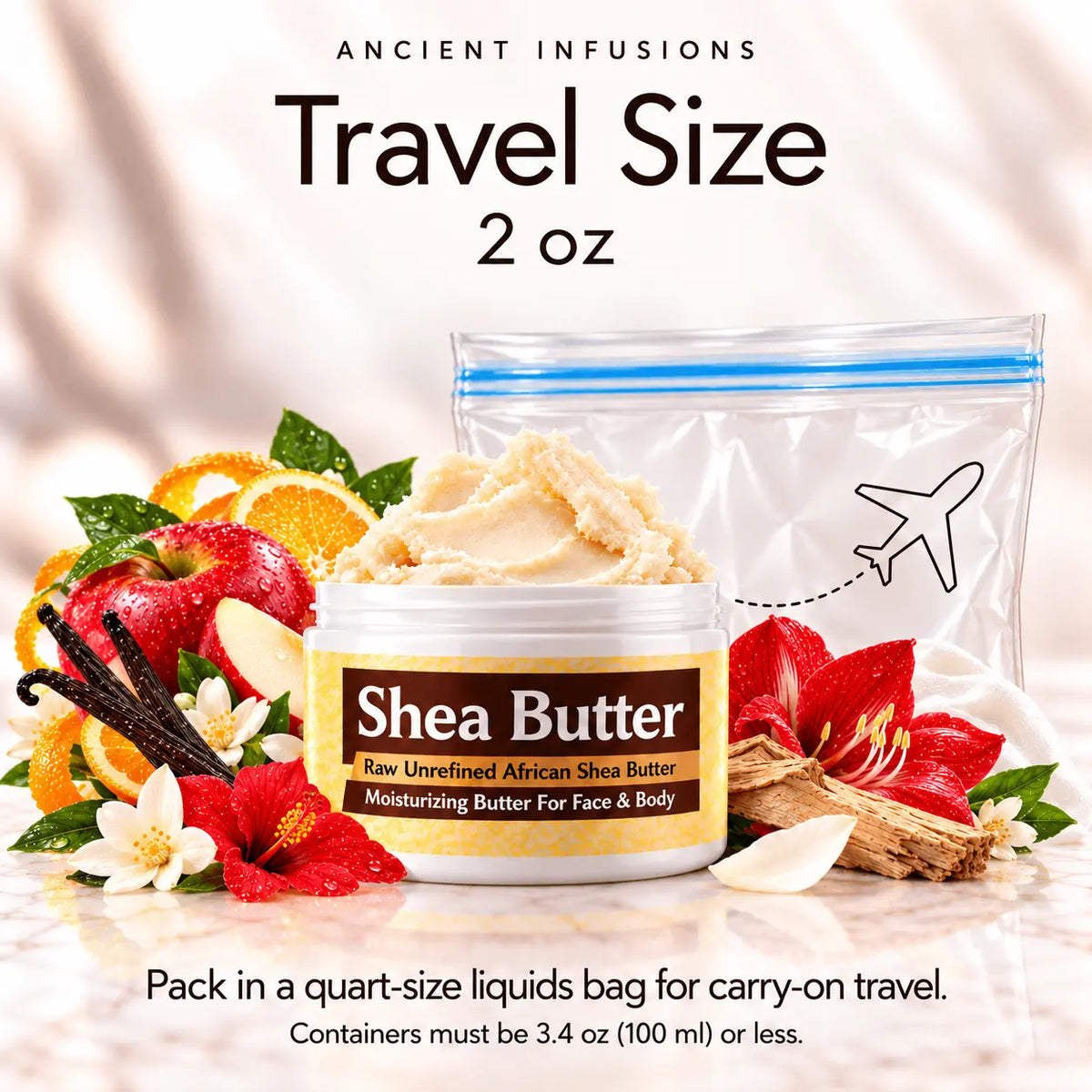 Two-ounce True Religion Woman shea butter with quart-size liquids bag and carry-on packing guidance.