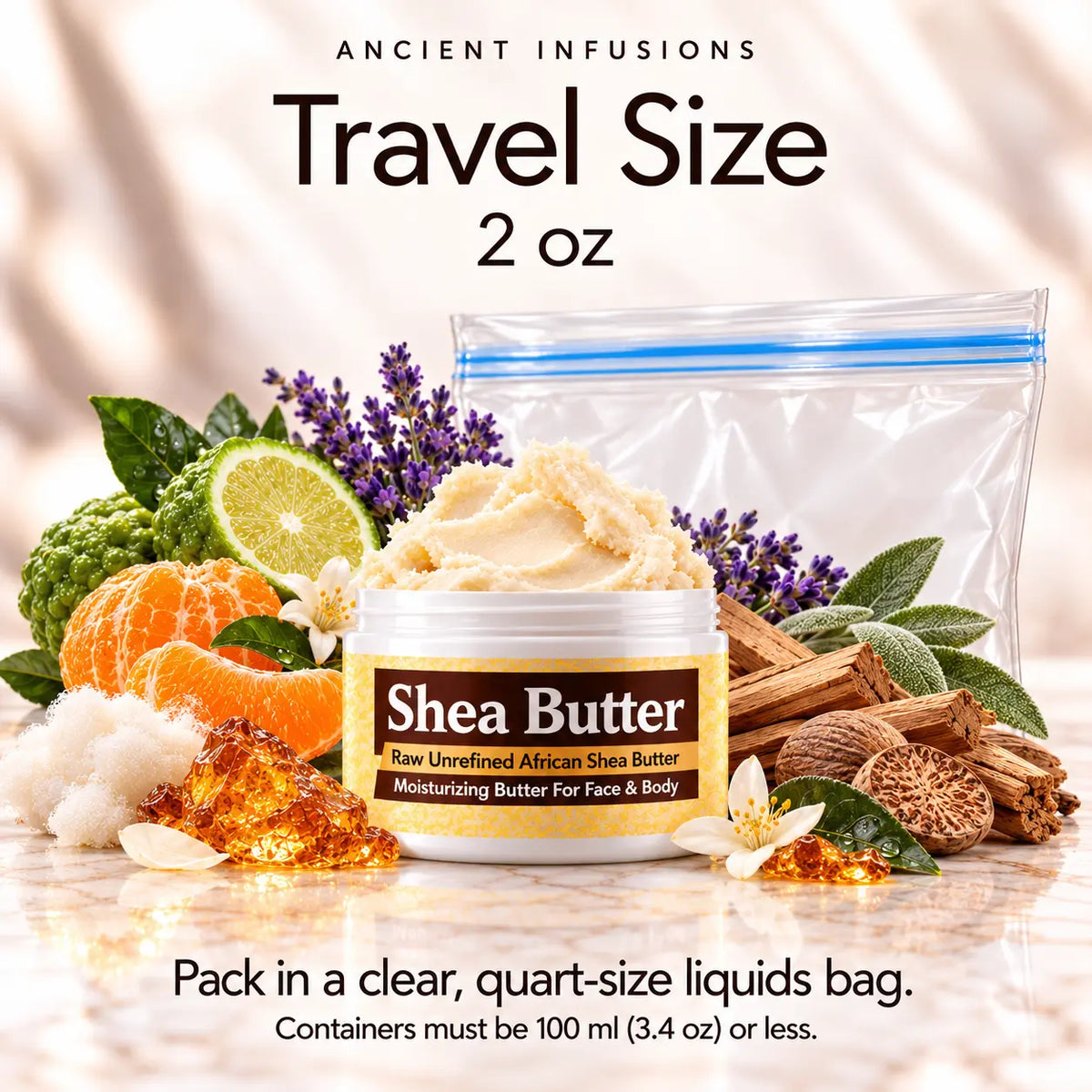 Two-ounce Valentino Very Valentino-inspired shea butter with quart-size liquids bag and carry-on packing guidance.