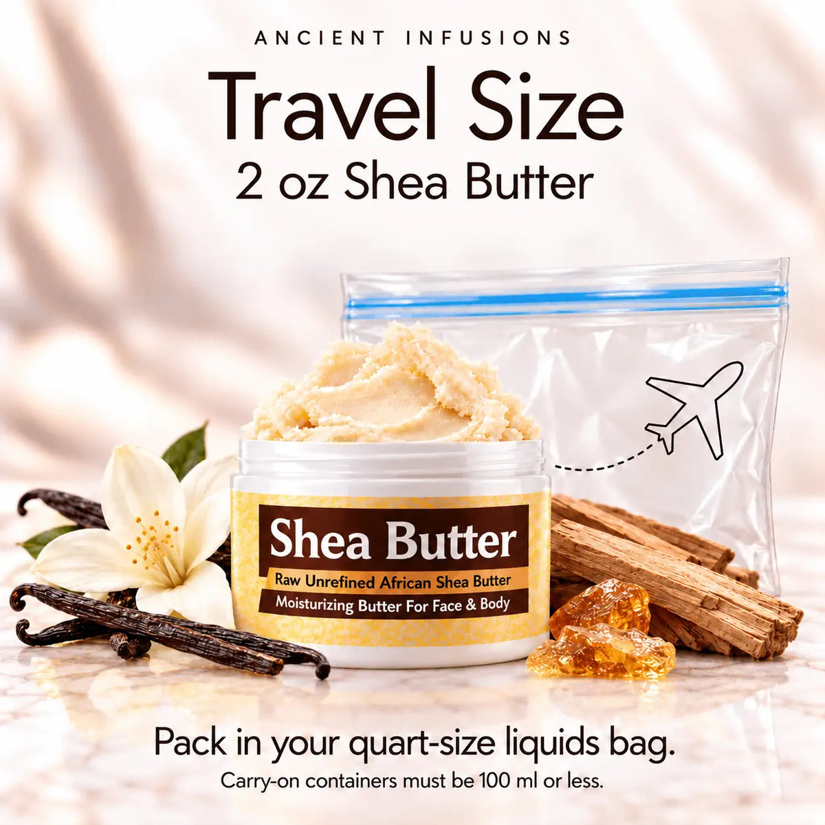 Two-ounce Vanilla Woods shea butter with quart-size liquids bag and carry-on packing guidance.