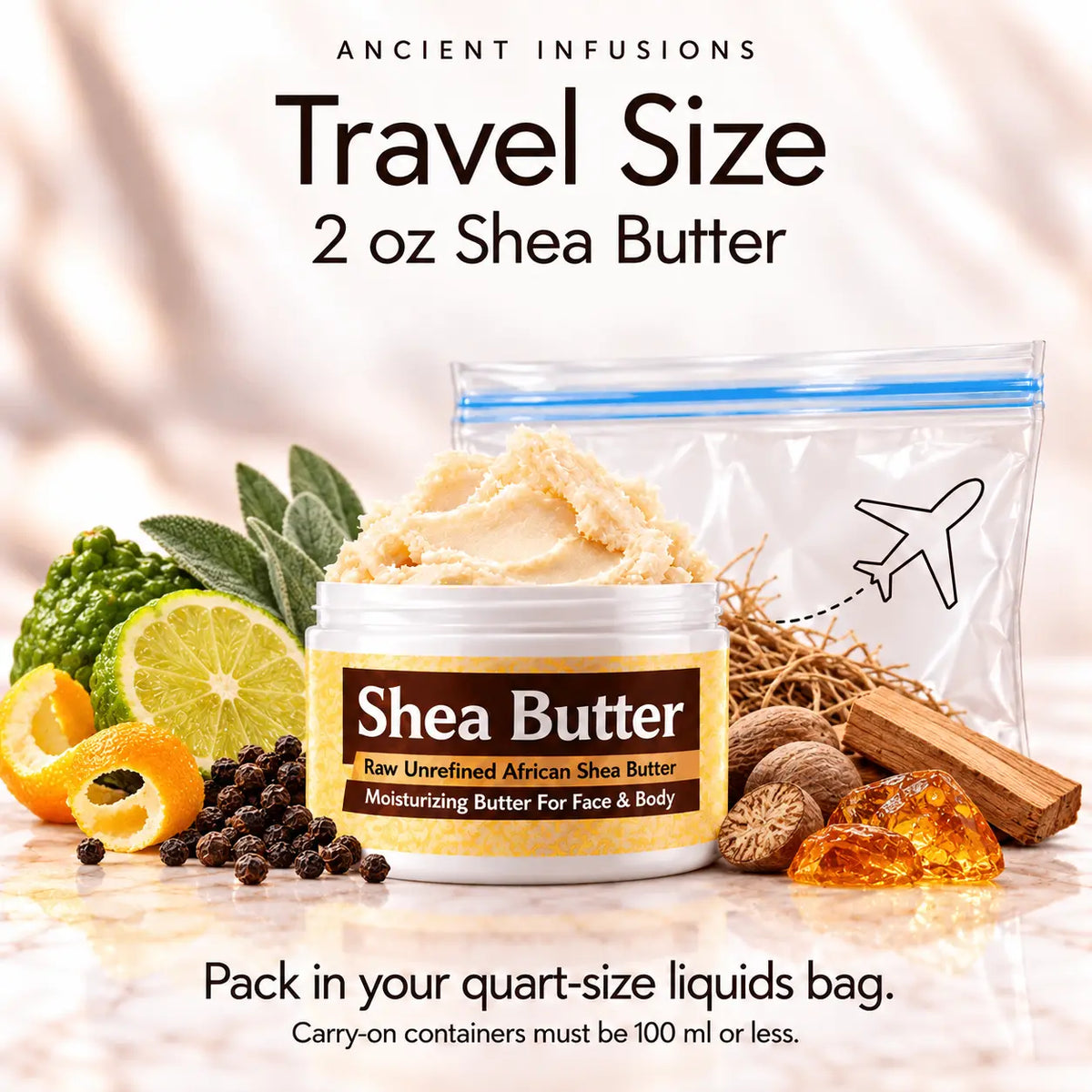 Two-ounce Very Sexy for Men shea butter with quart-size liquids bag and carry-on packing guidance.