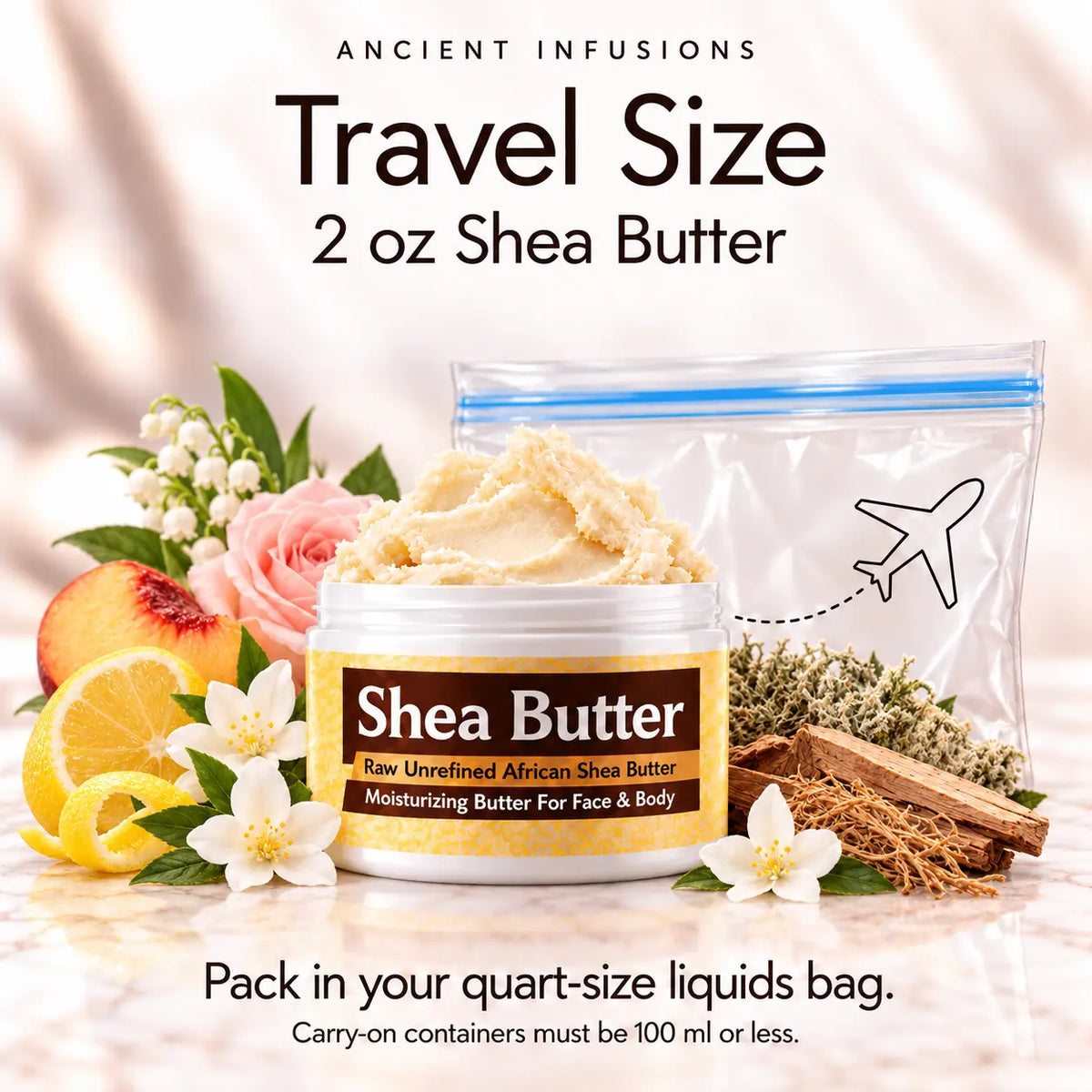 Two-ounce White Linen shea butter with quart-size liquids bag and carry-on packing guidance.