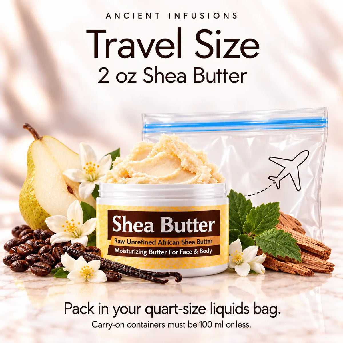 Two-ounce YSL Black Opium shea butter with quart-size liquids bag and carry-on packing guidance.